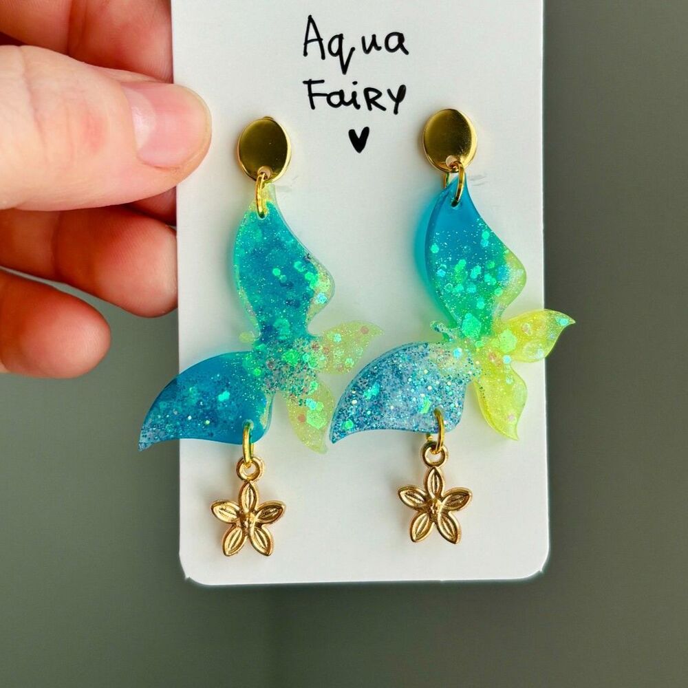 Blue Butterfly Earrings Flower Charms, Aqua Glitter Dangles, Whimsical Jewelry